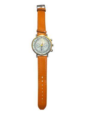 RJ Quartz Chronograph Watch With Orange Leather Strap & Multifunctional Dial